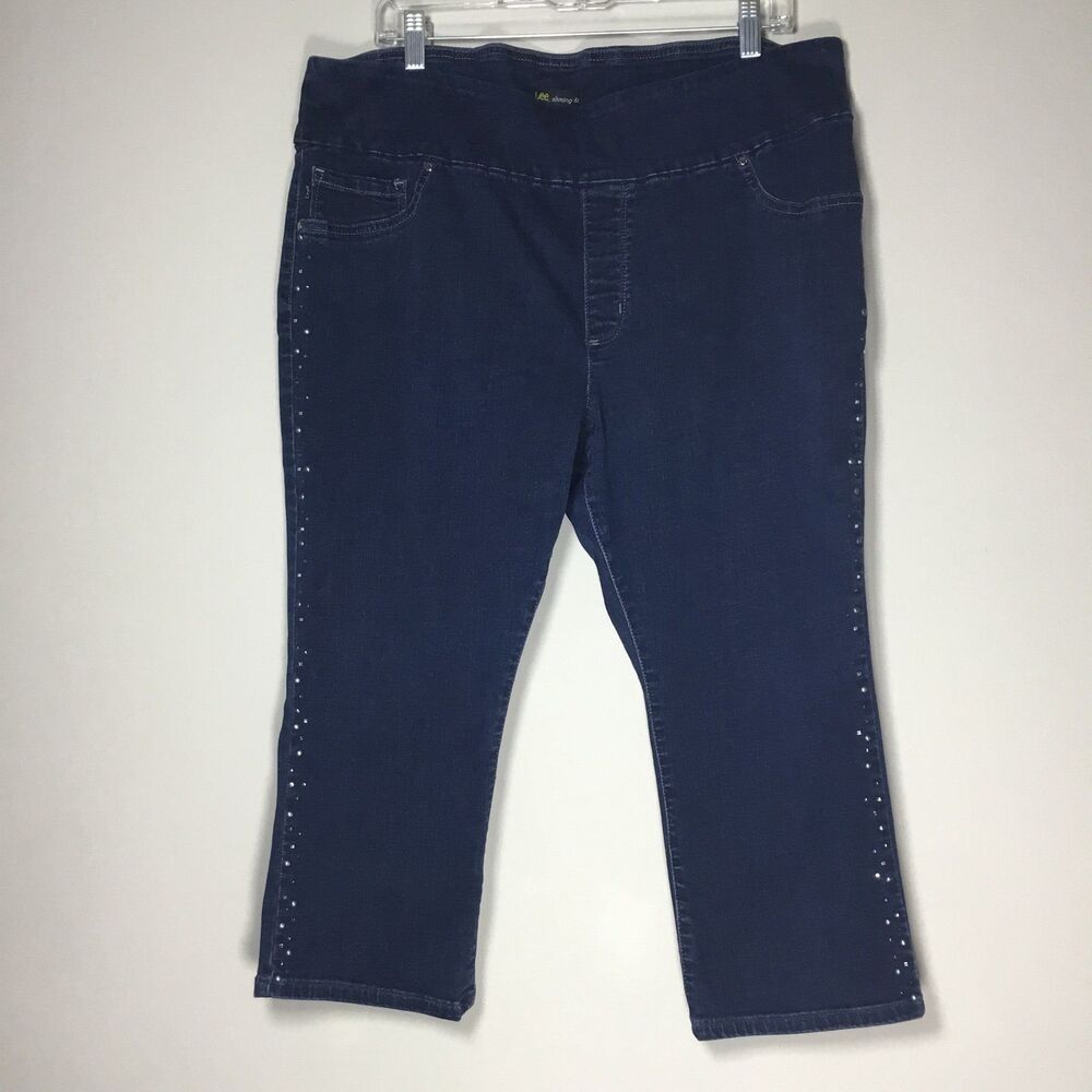 Rhinestone edge blue denim capri pants gold silver pull on waist 38”-41” 18M